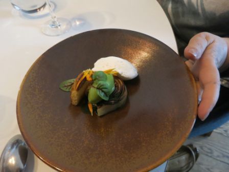 Apple (in thick strips and lightly cooked) brioche, herb ice cream with vanilla milk cream