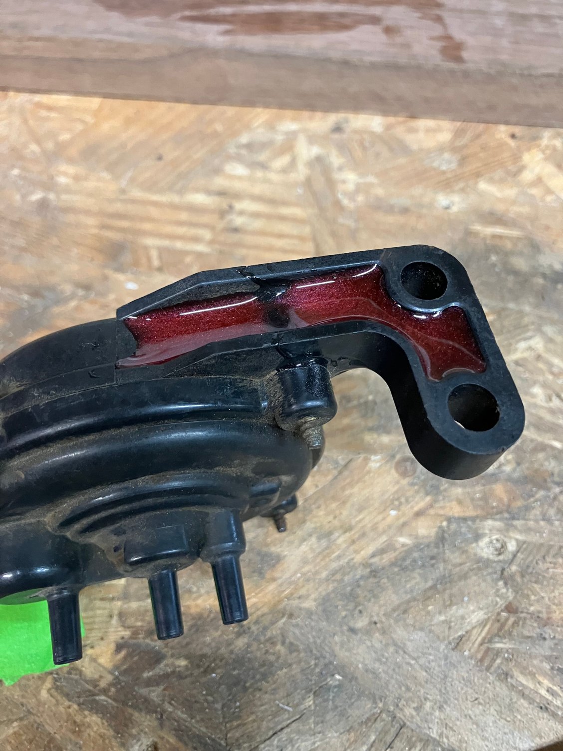 My attempt to fix broken piece. JB Weld for plastic. Two part deep pour epoxy inside for stability. Wish me luck! Should be able to start putting her back together this week.