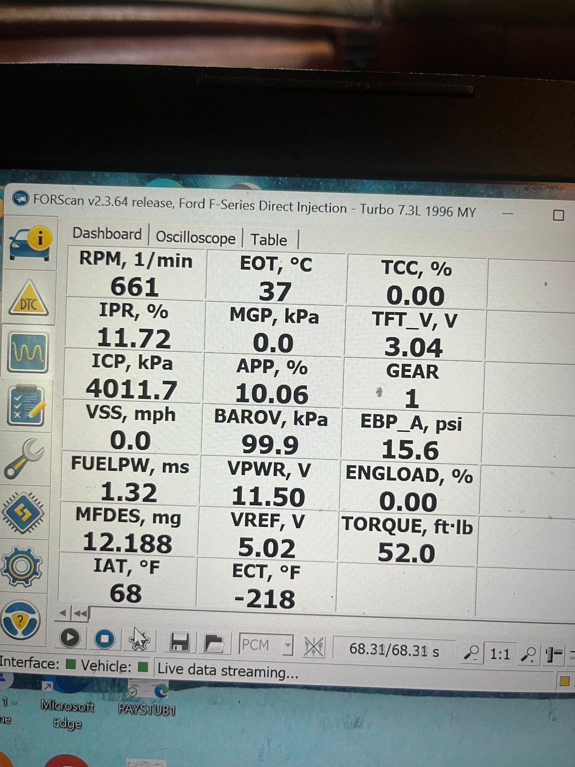 This is the picture of the dashboard of when it started. ICP is 581 psi I�ll figure out how to get the proper units displayed eventually 