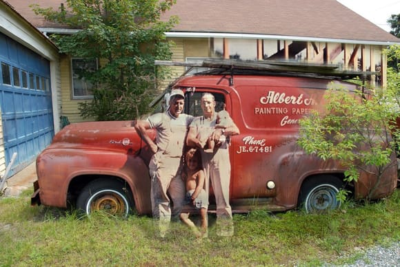 I am not sure what is going on here but I think they superimposed and old picture of the two men and kids in front of this truck taken recently.
