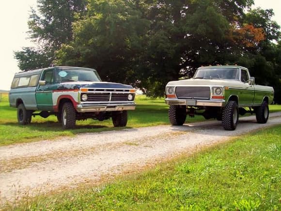 My old Fords, the one on the right is a 1977 highboy.  This is my first vehicle, I have had it since I was 15. I restored it to its condition today, installed a 1973 F100 body on it. six years later, the truck is still in the process of being perfected. The truck on the left is my mud racer. I built a 460 engine for it and it needs much more to get it to perfection, but it runs good and serves my purpose
