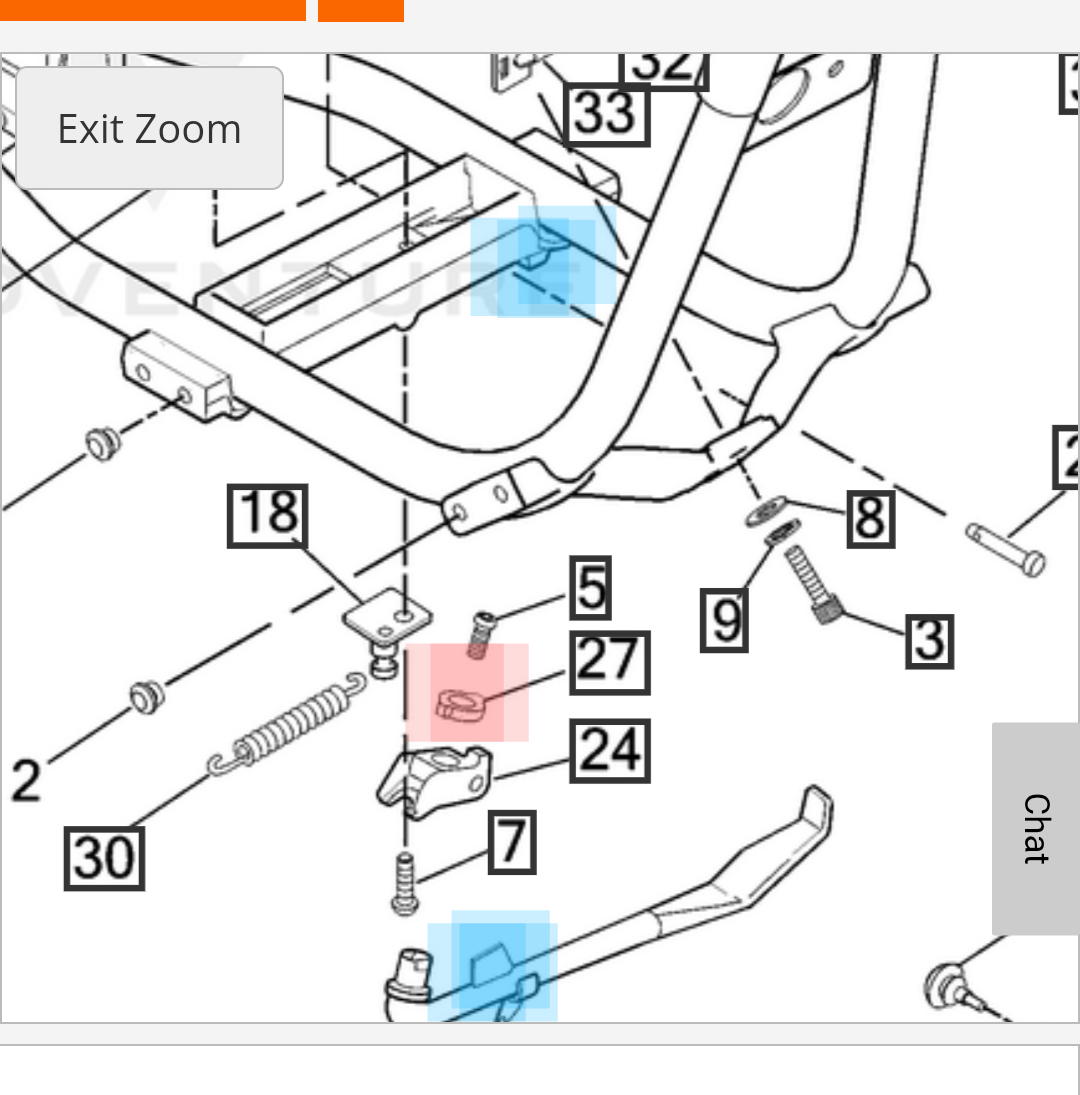 Red highlight is the catch. Blue highlights are the kickstand blade and the over travel stop on the frame.