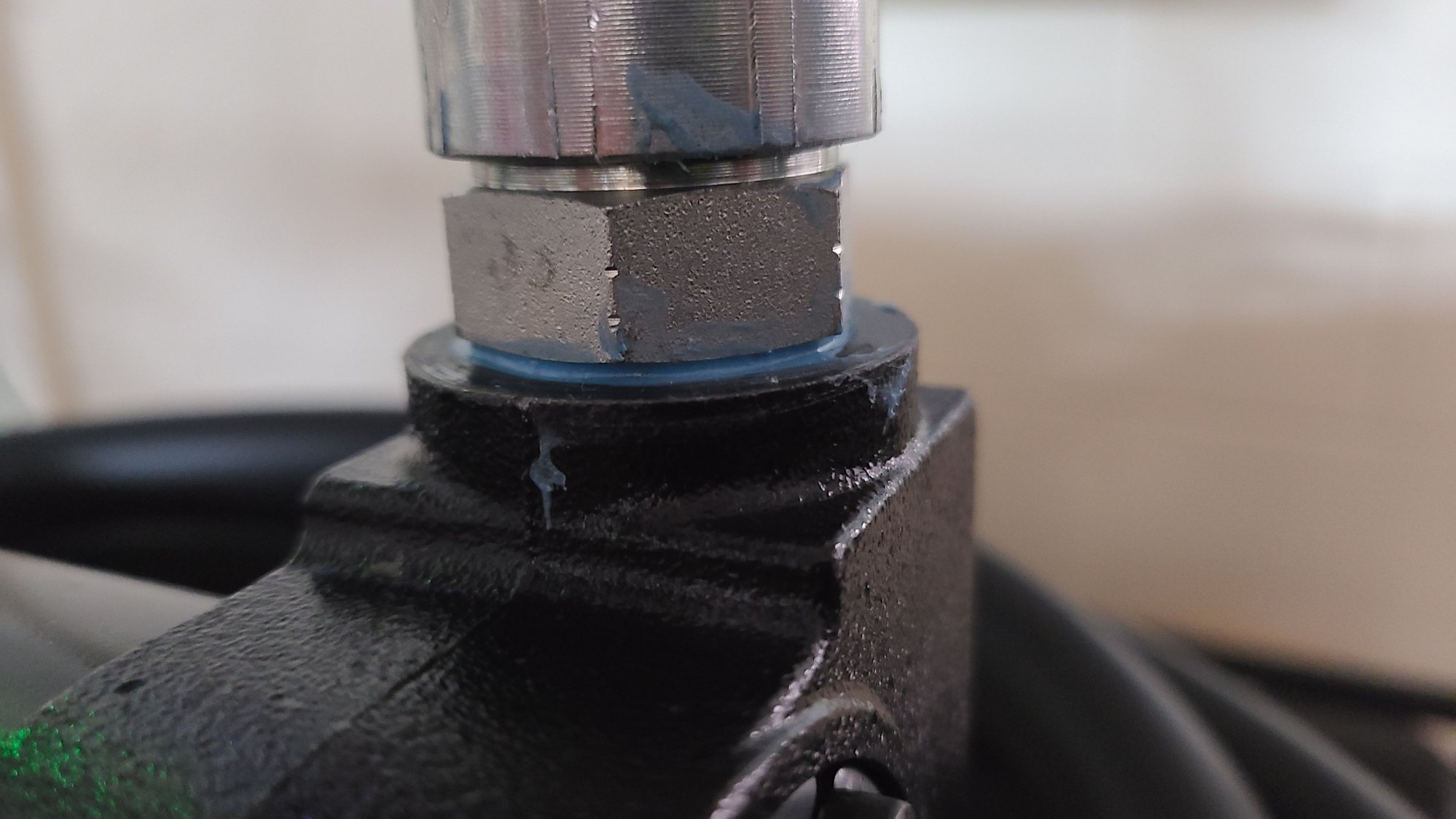 3/4 inch pipe screwed into the pump. The hose fitting bottoms out before it tightens.