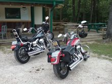 My 2001 FXD and my son's 2004 FXDLI at the Hill Top Icehouse in Point Blank, Texas...4/22/17
