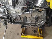 Inner primary back in place, temporarily, to get the tranny positioned right so I can lock it down.