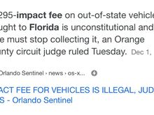 Impact fee has been gone for quite a while. They do charge a $225 fee for a first time Florida plate (new vehicle on the road). 