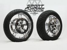 Sport Chrome Enforcer Chrome Wheels with Mirror-polished Brake Discs, Chrome Plated Disc hardware and Chrome Plated Belt Pulley. Dunlop Tires Mounted and Balanced.