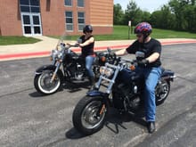 Son and his (new to him) 2012 Fat Bob - getting first riding lessons from mom