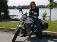 Hers; 05 Super Glide, V&amp;H pipes, a set of 'purses' and some scary scull stuff ;-) but Damn she rides it well !