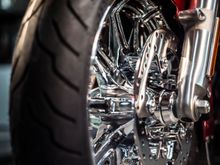 Harley-Davidson Impeller Chrome Wheel with Mirror-Polished front Discs and Chrome Disc Hardware.