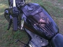 Leather Tank bag with flint arrow head for the tie down.