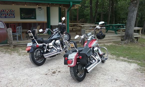 My 2001 FXD and my son's 2004 FXDLI at the Hill Top Icehouse in Point Blank, Texas...4/22/17
