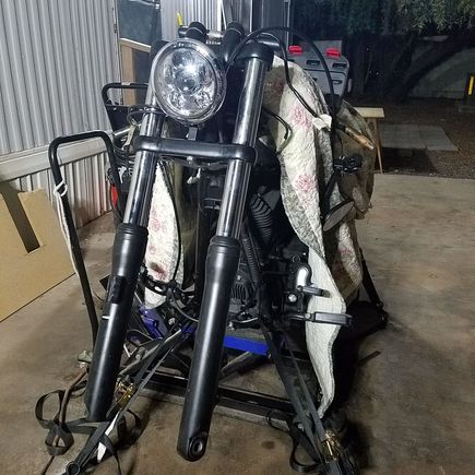 Since i snapped this pic i removed the entire front end. Convertung to WG fxdf trees, adding racetech emulators, new bearings and chases's becaude of the accident, and new bars. Got all my parts just need my sliders and trees bacj from my powder coat guy. 
