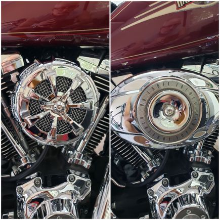 Replaced the "football" air cleaner cover (on the right) with a snazzy looking spoked cover from DK Customs (on the left).