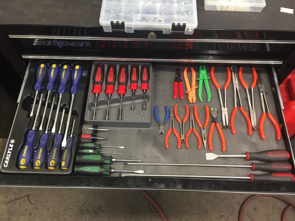 In here I have my Carlyle screwdriver set which I love. I think it costs right around $70.00 out the door. They are stout and have a lifetime guarantee. I also have a set of snap on torx screwdrivers t-10 to t-30 they really have a nice grip. Some sk screwdrivers, long Phillips and flat head gearwrench and my matco plier set along with 3 pairs of hose clamps.