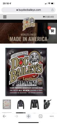 Works on leather, vinyl and canvas. https://buydocbaileys.com/product/the-original-doc-baileys-leather-black-detail-kit/
Sold at lots of motorcycle shops. 