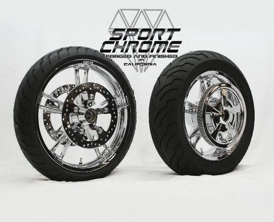 Sport Chrome Enforcer Chrome Wheels with Mirror-polished Brake Discs, Chrome Plated Disc hardware and Chrome Plated Belt Pulley. Dunlop Tires Mounted and Balanced.