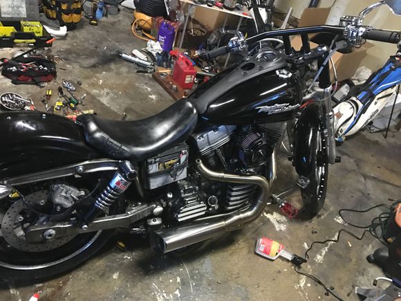 My dyna.   Love it.   Done it all
Myself.   New rims and rubber!    pirelli night dragon and RSD rims.   Love it.  Any suggestions???   Advice???