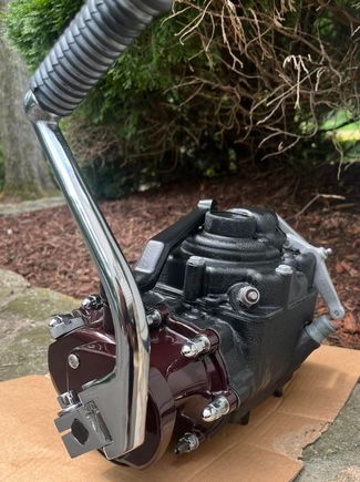 transmission complete & ready to install, dont that look great ,the color combo, black wrinkle , the dark maroon & chrome kicker & hardware !