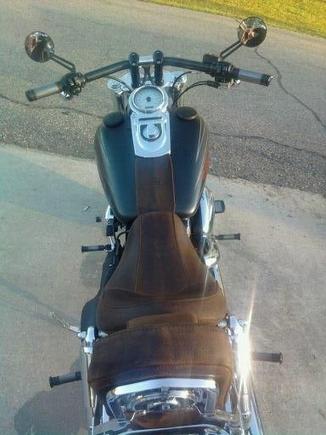 My Fat Bob with the Distressed Leather Seat, Pillion, Sissybar Pad and Tank Strap.