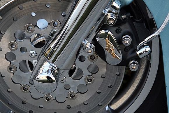 Lower fork and front disc brake.