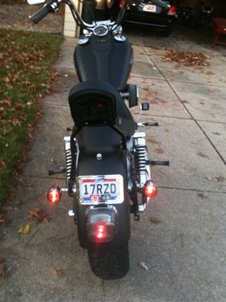 Rear view w/2 up setup (quick detachable passenger backrest, passenger pegs flipped down, HD Badlander seat); Low profile smoked tail light with LED bulb; Smoked rear signals