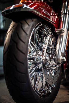 Harley-Davidson Impeller Chrome Wheel with Mirror-Polished front Discs and Chrome Disc Hardware.