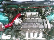Ls b18b, type r pistons and rings, dc headers, skunk2 intake manifold match ported and polished so there was no riges. high flow cat back to a magnaflow muffler. wide band O2 sensor, hondata, rc 550cc injectors, type r tranny, 8Lb flywheel, tokico lumina suspension. the headers have exhaust wrap on them. light weight 15" magnesium rims. plus it still has a/c that blows ice cold.