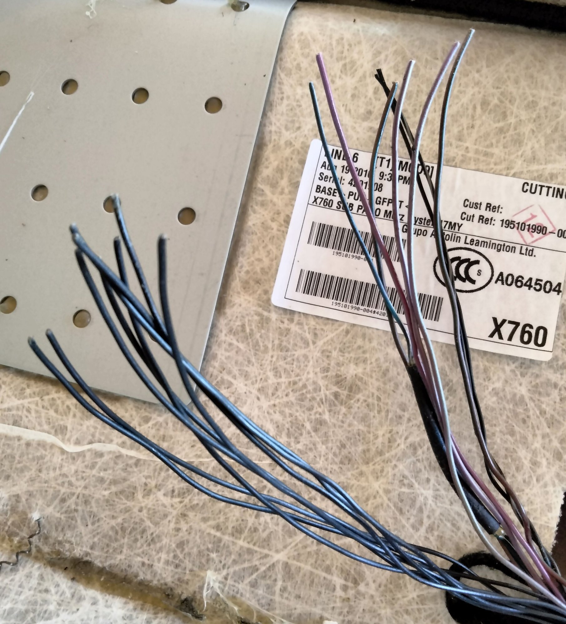 Eight all-black 18 ga. (+/-) wires coming off the headliner into the front passenger pillar