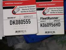Gates belts, the Fleetrunner is a lifetime belt it's also about 10mm shorter but will fit. The key is to work the slack up to your highest pulley' the water pump on the main drive and then fully depress the tensioner to slip it on. The best way to get th belt on the supercharger drive is to work the slack over to the SC belt tensioner, fully depress that tensioner and slip the belt overthat slick pulley 