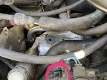 Remove this hose clamp and pull the hose off. Pull this hose up and out of the way. You’ll have some coolant spill out then but you’ll have a lot more room. 