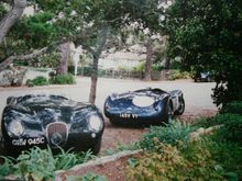 Mid-nineties my newly commissioned C-Type  -both tributes 100% hand-wrought alloy- by Proteus Cars, UK. Mine is the Ecurie Ecosse Team Blue. Location: Carmel at Ocean Blvd, Monterey Bay, central CA. Quite recently an original team car (seller Whitten) sold $13.5 large (gone now)