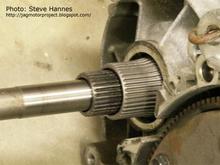 Steve Hannes: This is a closeup look at the output of the auto trans. The outer (larger spline) is drive coming from engine torque; the inner (smaller spline) is driven coming from the 39% torque output side of the transfer case.  Finally, I'd like to say the purpose of this project is to open up the case, show you what's inside and propose that some simple repairs to it might be possible if parts can be sourced.
******   more info:   http://jagmotorproject.blogspot.com/2007/02/motor-project-17-transfer-time.html     ******