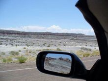 View of the Painted Desert from the car. The view in the mirror was purely by chance!