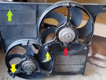 Each fan has a connector (Red arrow).  The yellow arrows point to the harness clips - there is a ziptie at each clip that will need to be cut.  The green arrow points to the sign of quality and craftsmanship.