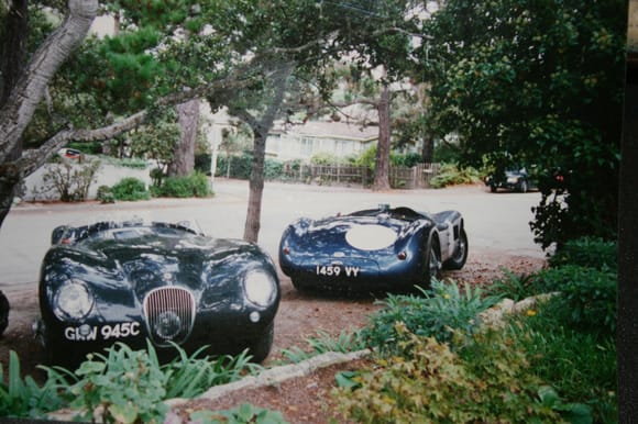 Mid-nineties my newly commissioned C-Type  -both tributes 100% hand-wrought alloy- by Proteus Cars, UK. Mine is the Ecurie Ecosse Team Blue. Location: Carmel at Ocean Blvd, Monterey Bay, central CA. Quite recently an original team car (seller Whitten) sold $13.5 large (gone now)