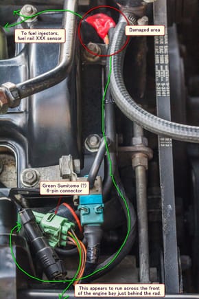 This shows it in relationship to the wiring. I don't really know where the wiring goes tracing back (upstream). There's a black connector further down, but then it's hard to follow. Seems to run across the front of the car, but far too thin.