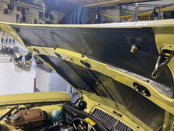 Fiberglass sound deadening backed hood liner. Gold plated hardware