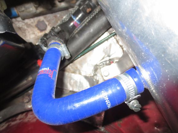 Close up of connection to the heater return. I used very high spec hose for this connection and double T clamps.