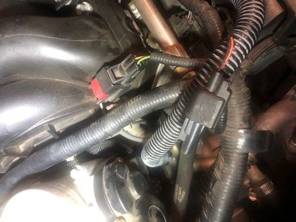 Connector on the right above right rear of cylinder head not plugged into anything