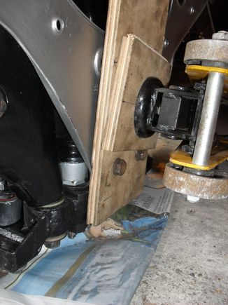 Wood bolted to trolley jack head and then trolley jack and wood bolted to the subframe.