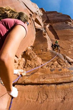 Karen belaying Brenda - Southern Utah  2001