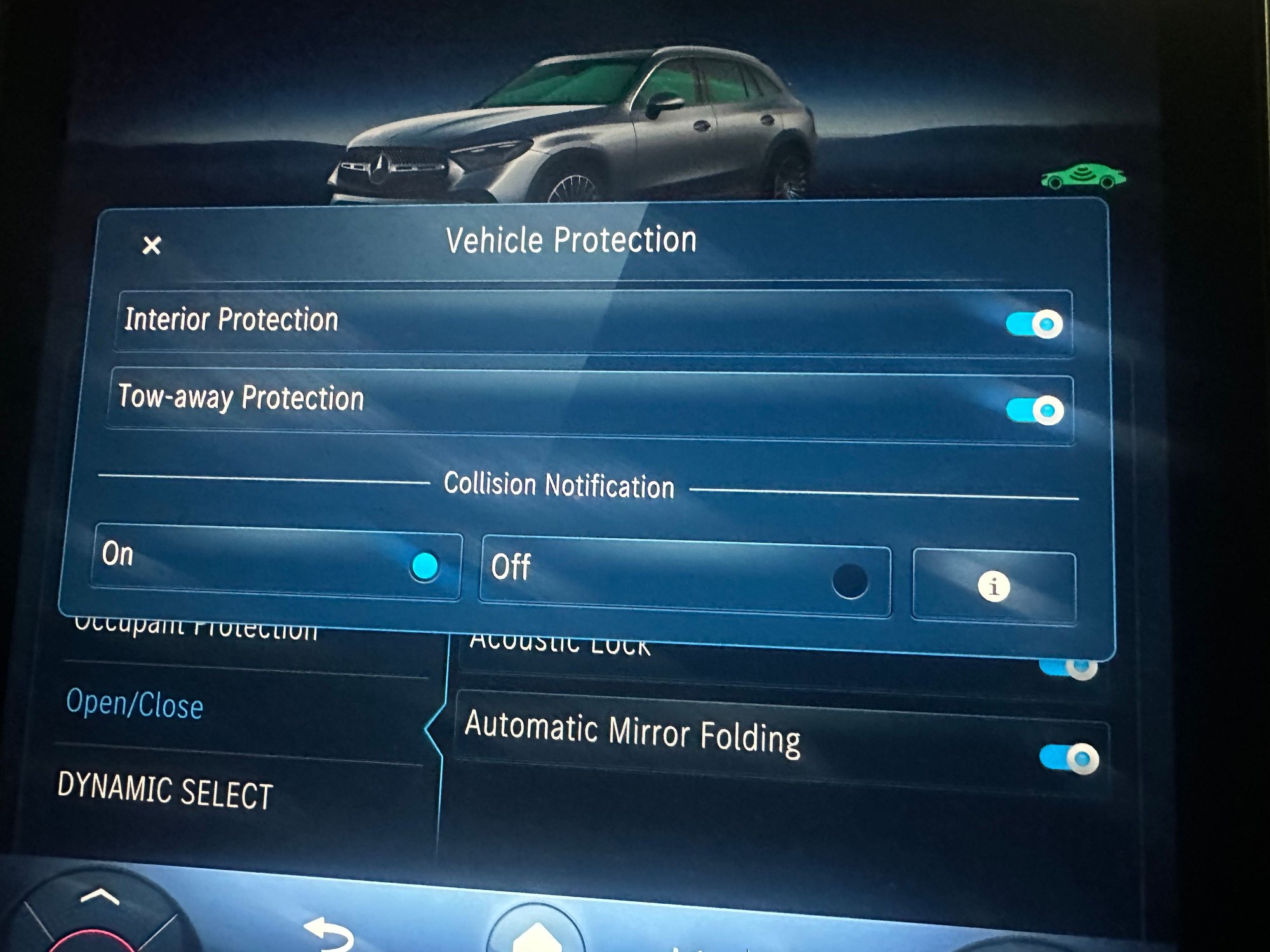 This is from the GLC loaner menu screen where parking damage detection is 