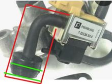 This outlined in red is the part I am trying to identify/source.  

It is missing the part outlined in green - hose was pointing down - had to rotate it up to see that something was missing.