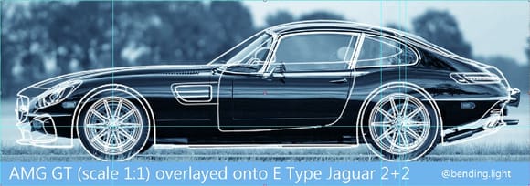 GT overlayed onto a jaguar E Type 2+2 FHC