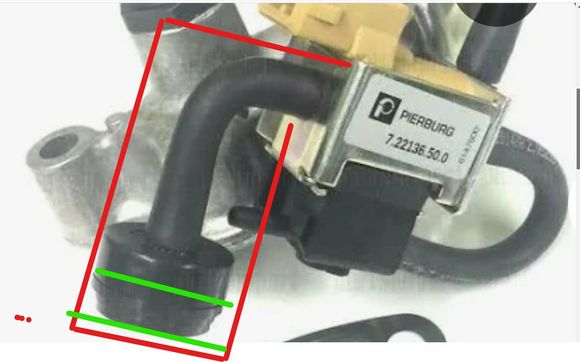 This outlined in red is the part I am trying to identify/source.  

It is missing the part outlined in green - hose was pointing down - had to rotate it up to see that something was missing.