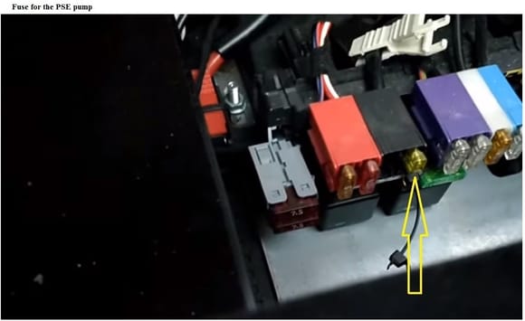 The yellow arrow points at the fuse for the PSE pump