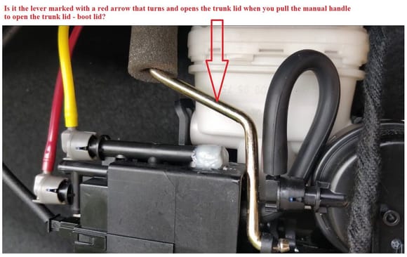 I guess this lever moves when you pull the handle to manually open the trunk lid? 
The lever is marked with a red arrow