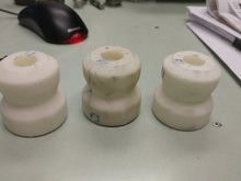 On to coilovers:  Here's 3 urethane bumpstops I cast to get the desired results.  I knew what I wanted in terms of force/displacement and thought it might be fun to 3D print a mold and cast them myself.  Works well.