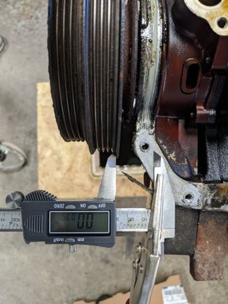 Want to measure crank end play? Don't have a magnetic base dial gauge? Sure, just tighten down the crank pulley and clamp your caliper to the oil pump. Push the crank toward the back of the engine. Zero the caliper against the pulley, then pull the crank forward. Repeat to judge accuracy. Looks good to me.